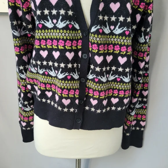 Anthropologie Maeve Hearts Dove Floral Cropped Novelty Cardigan Sweater L - Picture 7 of 14